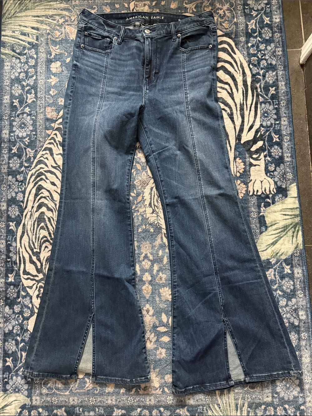 American Eagle Outfitters Dark Blue Flared Jeans with Front Slits 14